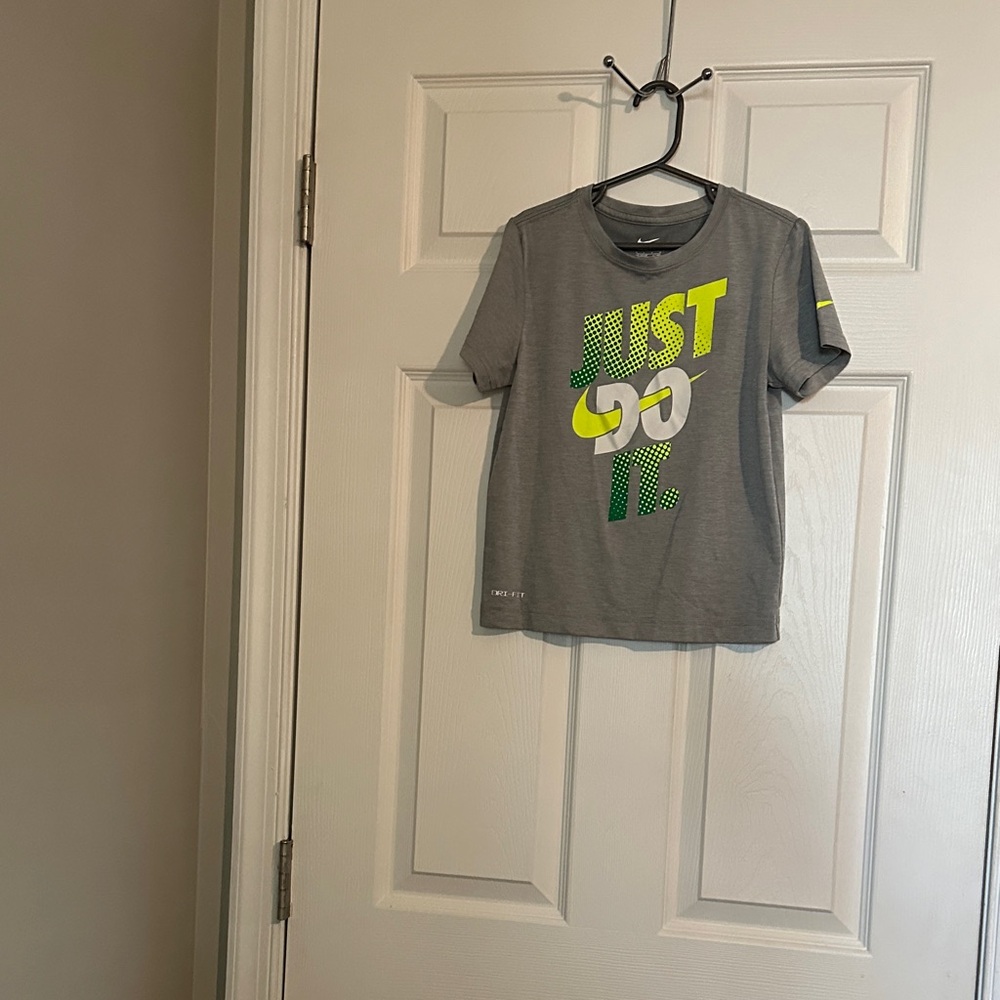 Nike Kids Gray Tee with Bold Yellow and Green Design